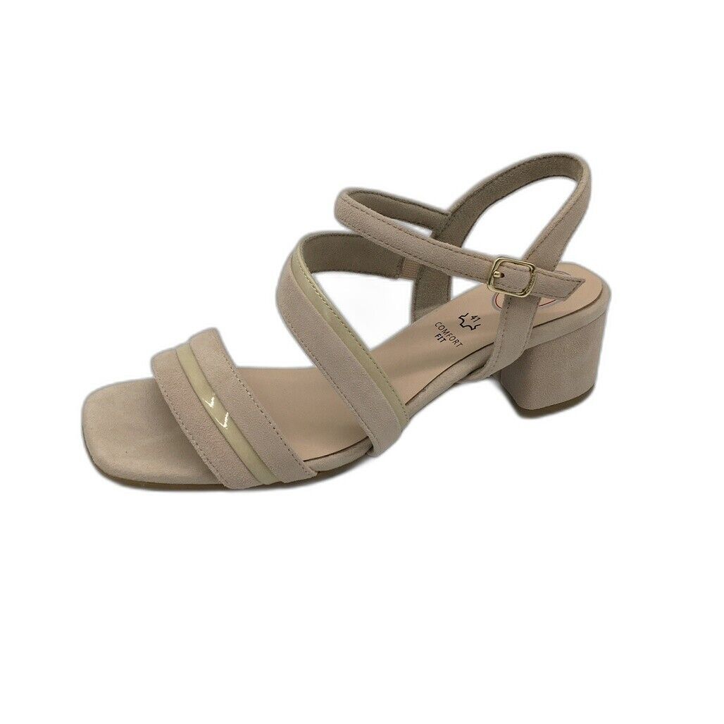 Tamaris Comfort Strappy Suede Heeled Leather Sandals Beige Ladies Sz US 9.5 NEW