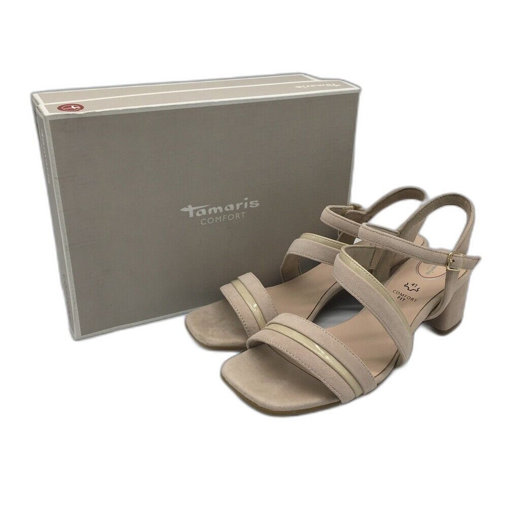 Tamaris Comfort Strappy Suede Heeled Leather Sandals Beige Ladies Sz US 9.5 NEW