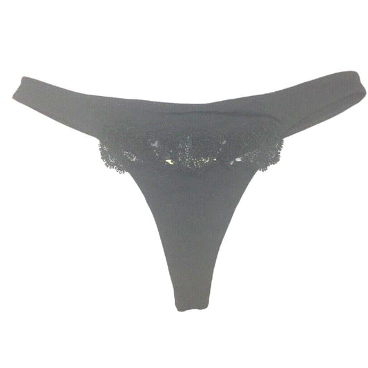 Cotton Club Black Floral Embroidered String Thong Underwear Ladies Size I3/L NEW