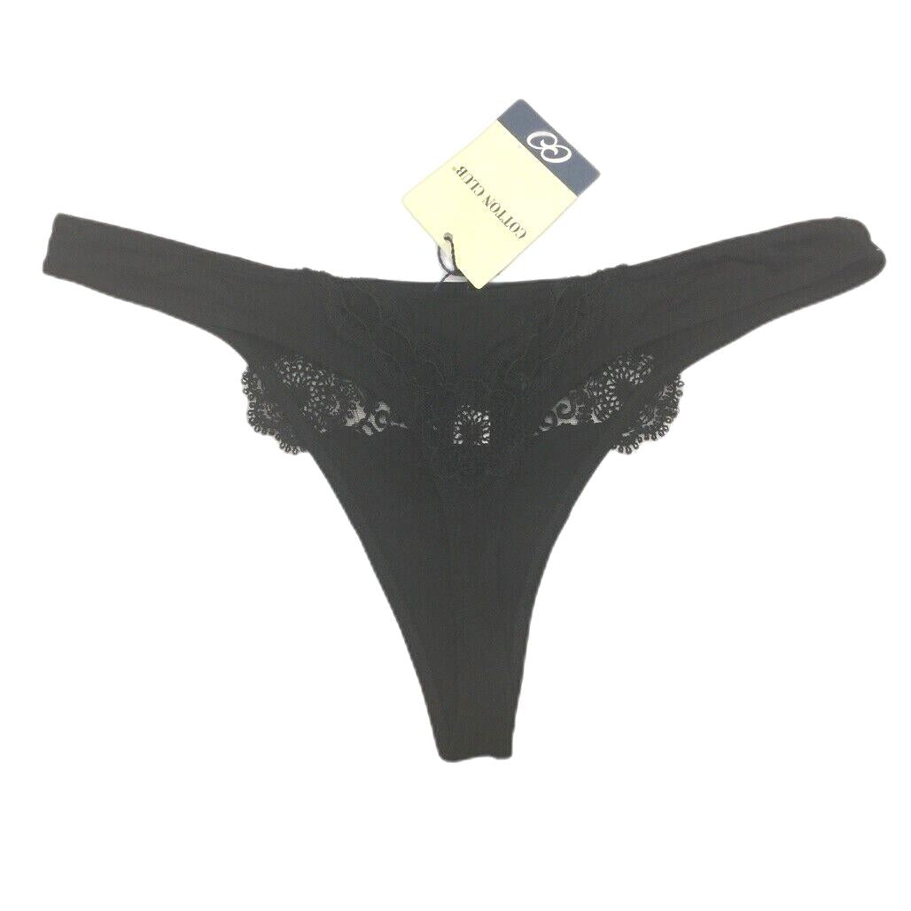 Cotton Club Black Floral Embroidered String Thong Underwear Ladies Size I3/L NEW