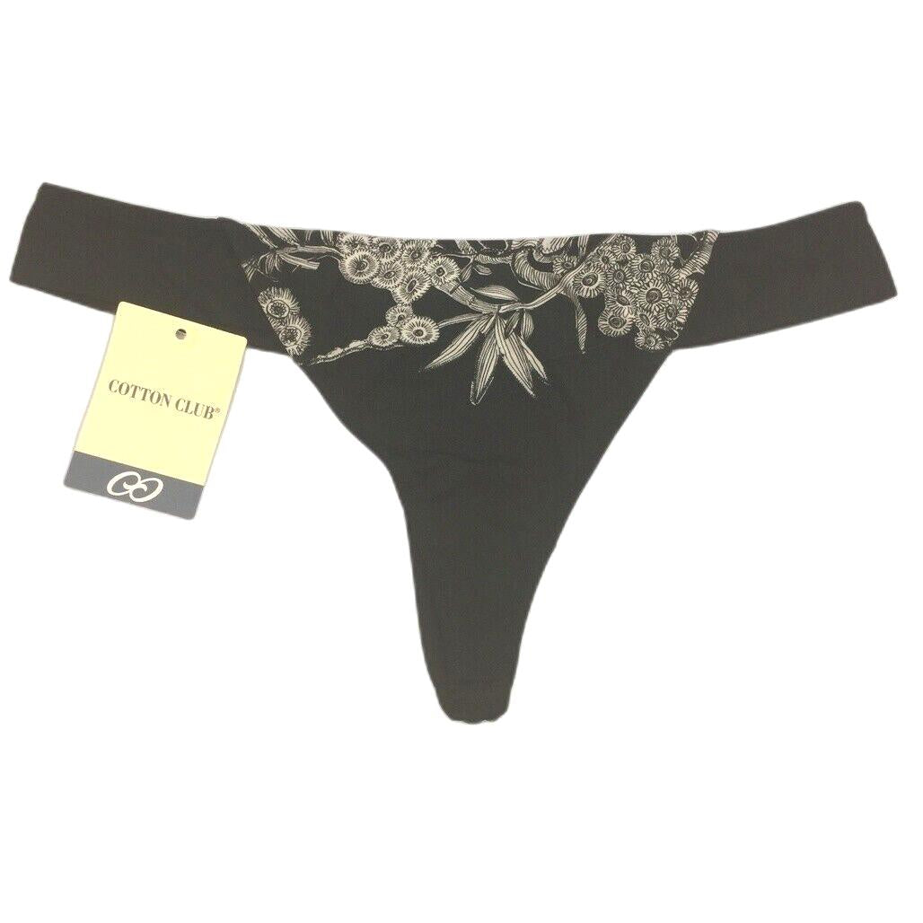 Cotton Club Black Stretchy Floral String Thong Underwear Ladies Sz Italy 3/L NEW