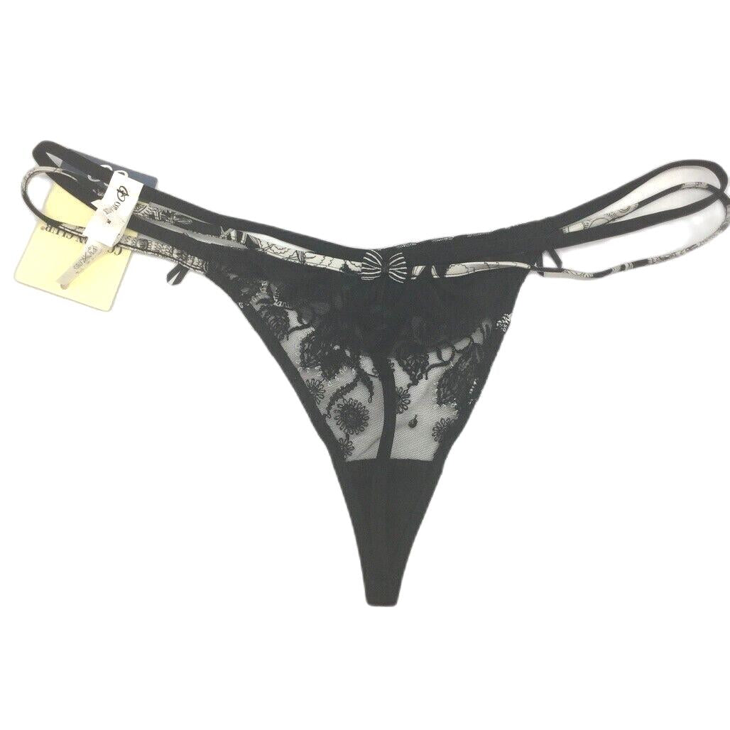 Cotton Club Black Floral Mesh String Thong Underwear Ladies Sz Italy 3/L NEW