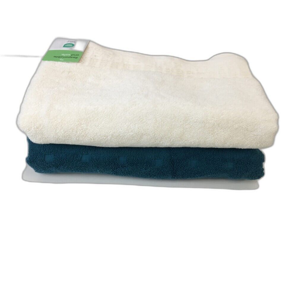 Set of 2 Bath Cotton Textured Teal and White Towels Large Size 70x140cm NEW