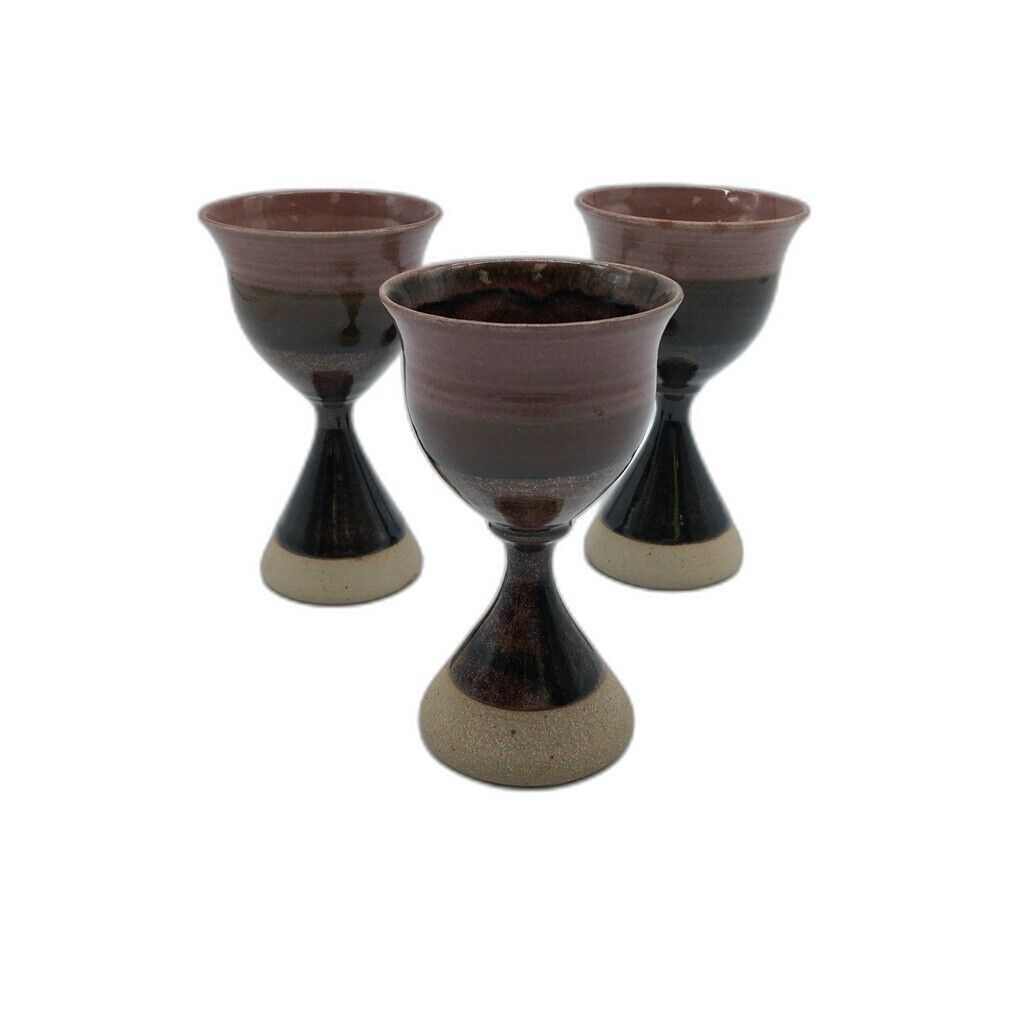 As NEW 3 X 2 Tone Lilac & Brown Gloss Glazed Pottery Hand Crafted Small Goblets