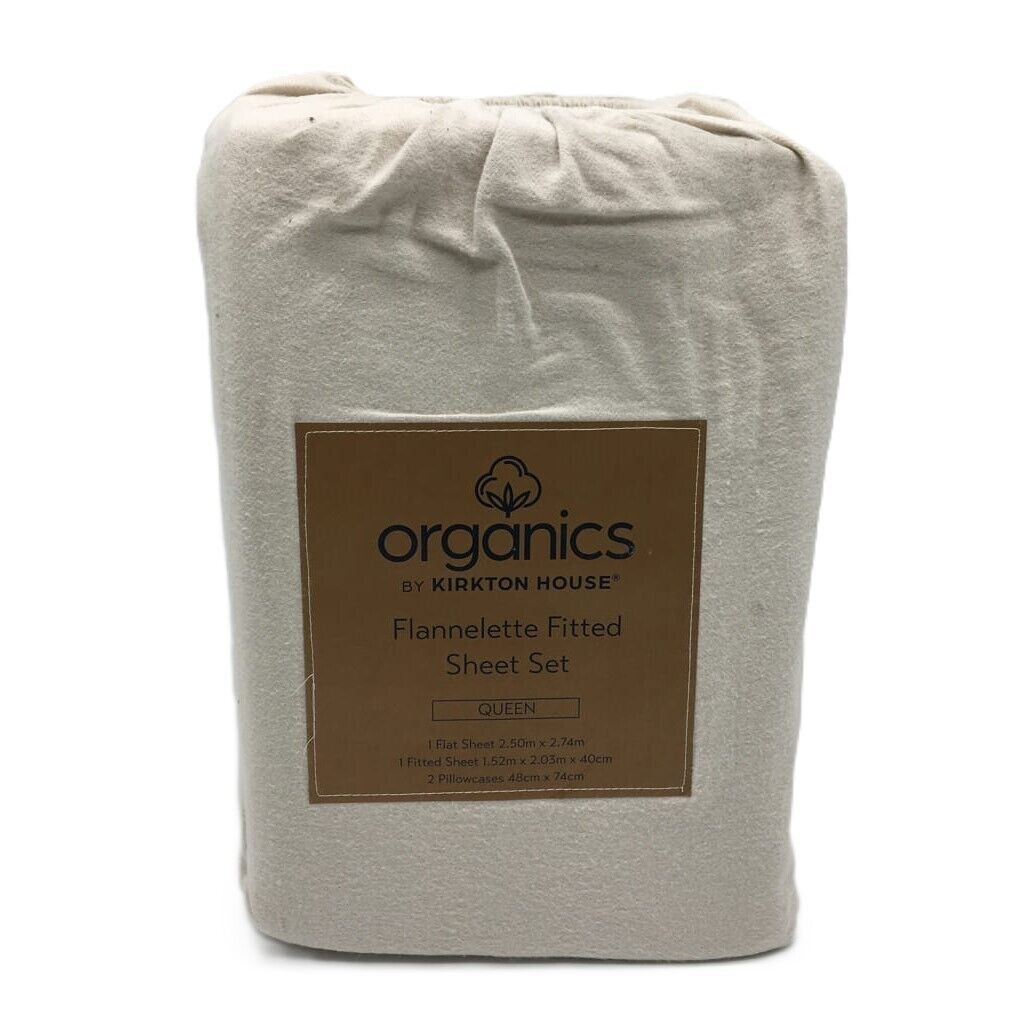 Organics by Kirkton House Flannelette Fitted Ivory Sheet Set QUEEN Bed NEW