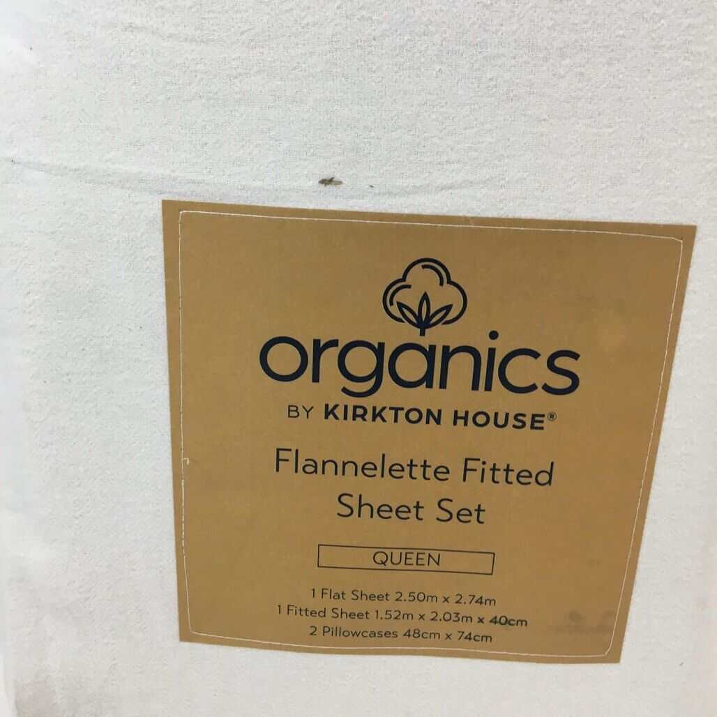 Organics by Kirkton House Flannelette Fitted Ivory Sheet Set QUEEN Bed NEW