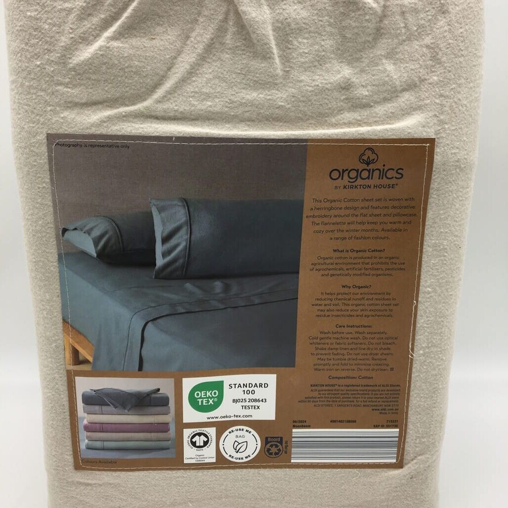 Organics by Kirkton House Flannelette Fitted Ivory Sheet Set QUEEN Bed NEW