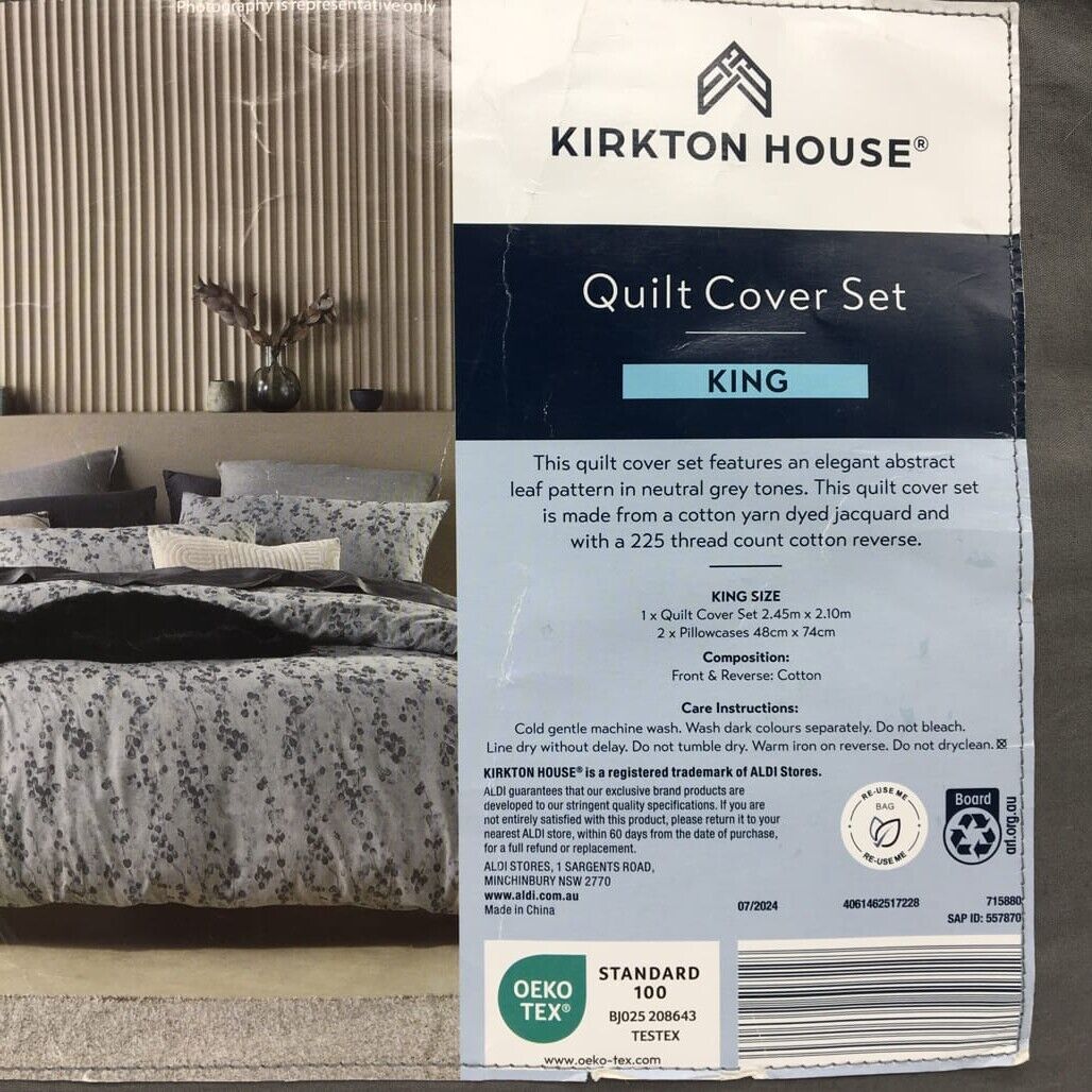 Kirton House Grey Patterned Quilt Cover Set Inc 2 Pillowcases KING NEW