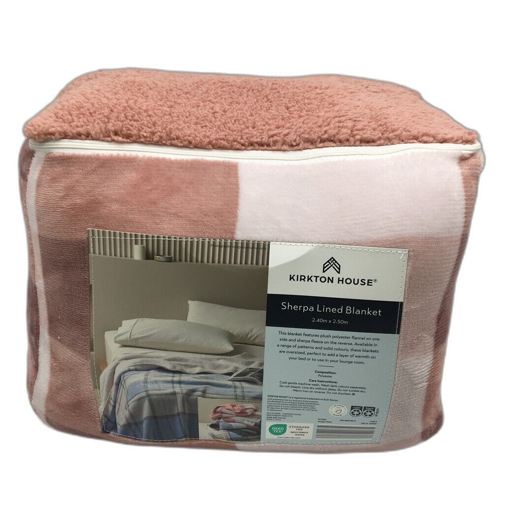 Kirkton House Sherpa Checkered Pink Lined Blanket 2.40X2.50m NEW