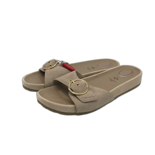 Tamaris Comfort Fit Beige Sand Gold Buckle Slides Ladies Size 42 US 10 NEW