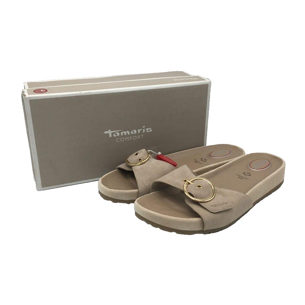 Tamaris Comfort Fit Beige Sand Gold Buckle Slides Ladies Size 42 US 10 NEW