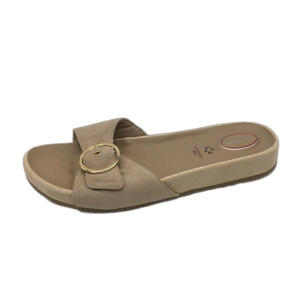 Tamaris Comfort Fit Beige Sand Gold Buckle Slides Ladies Size 42 US 10 NEW