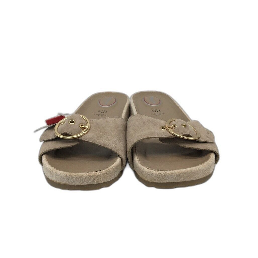 Tamaris Comfort Fit Beige Sand Gold Buckle Slides Ladies Size 42 US 10 NEW