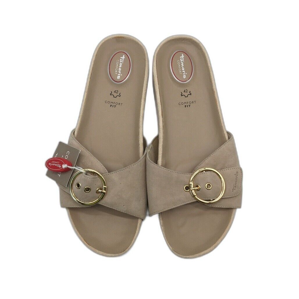 Tamaris Comfort Fit Beige Sand Gold Buckle Slides Ladies Size 42 US 10 NEW