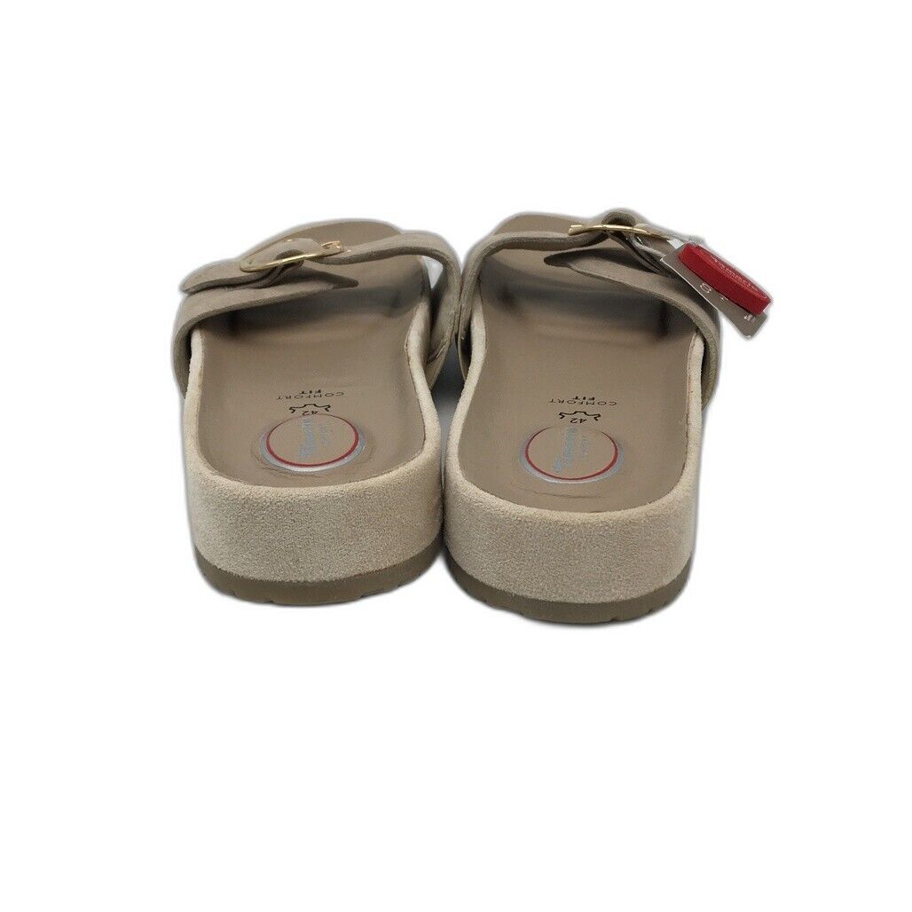 Tamaris Comfort Fit Beige Sand Gold Buckle Slides Ladies Size 42 US 10 NEW