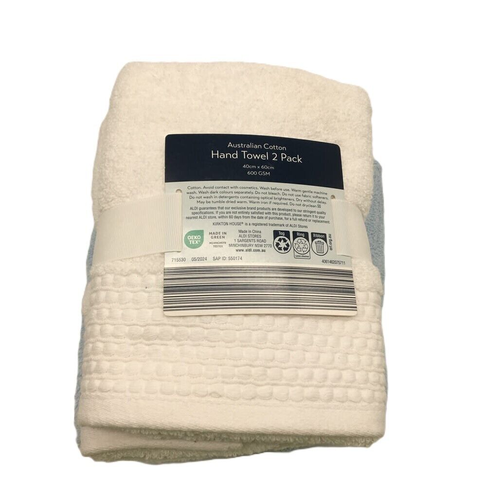 Kirkton House Set of 4 600gsm Blue & White Cotton Hand Towels 40X60cm NEW