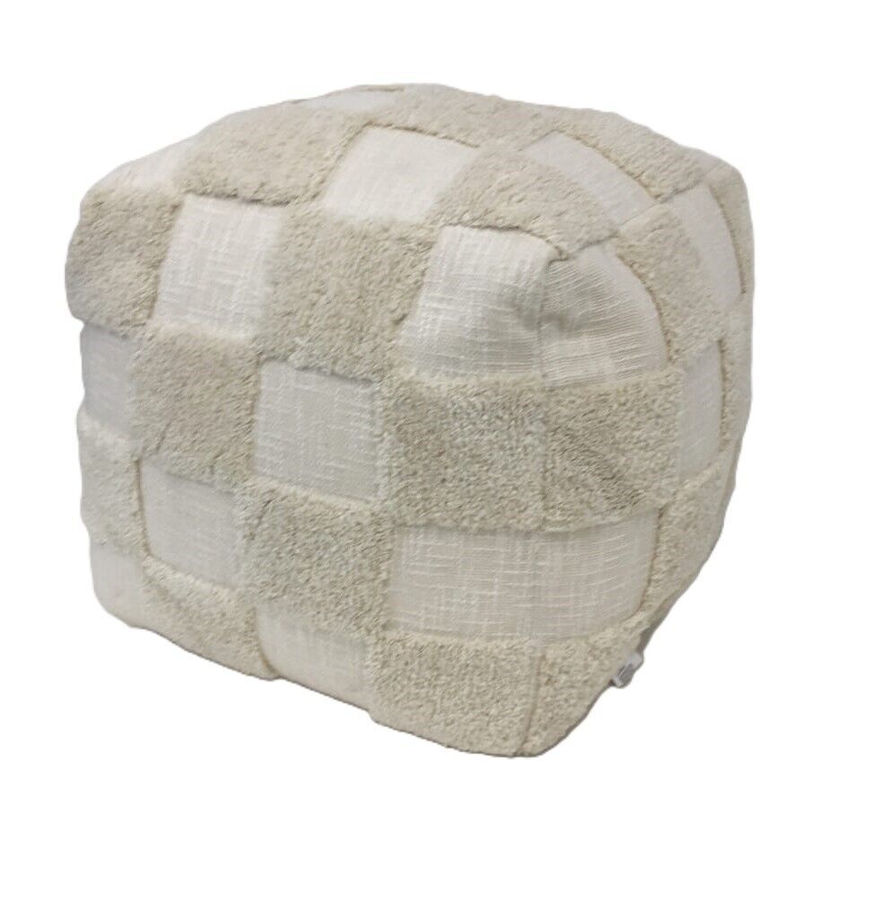 Ex-Display Patchwork Cream Checkered Square Ottoman Footstool Size 40x40cm NEW