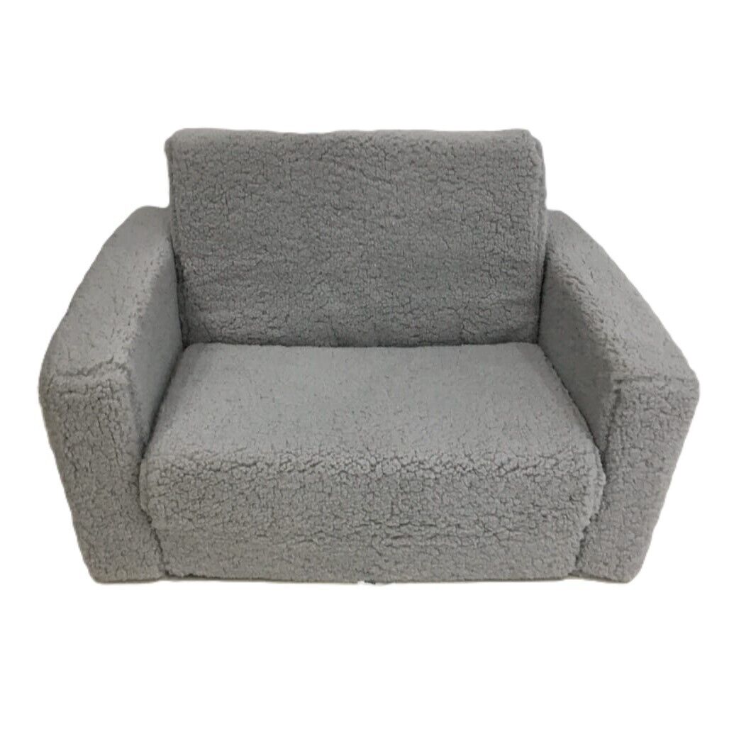 Ex-Display Boucle Look Super Soft Grey Flip Out Children Small Sofa Armchair NEW