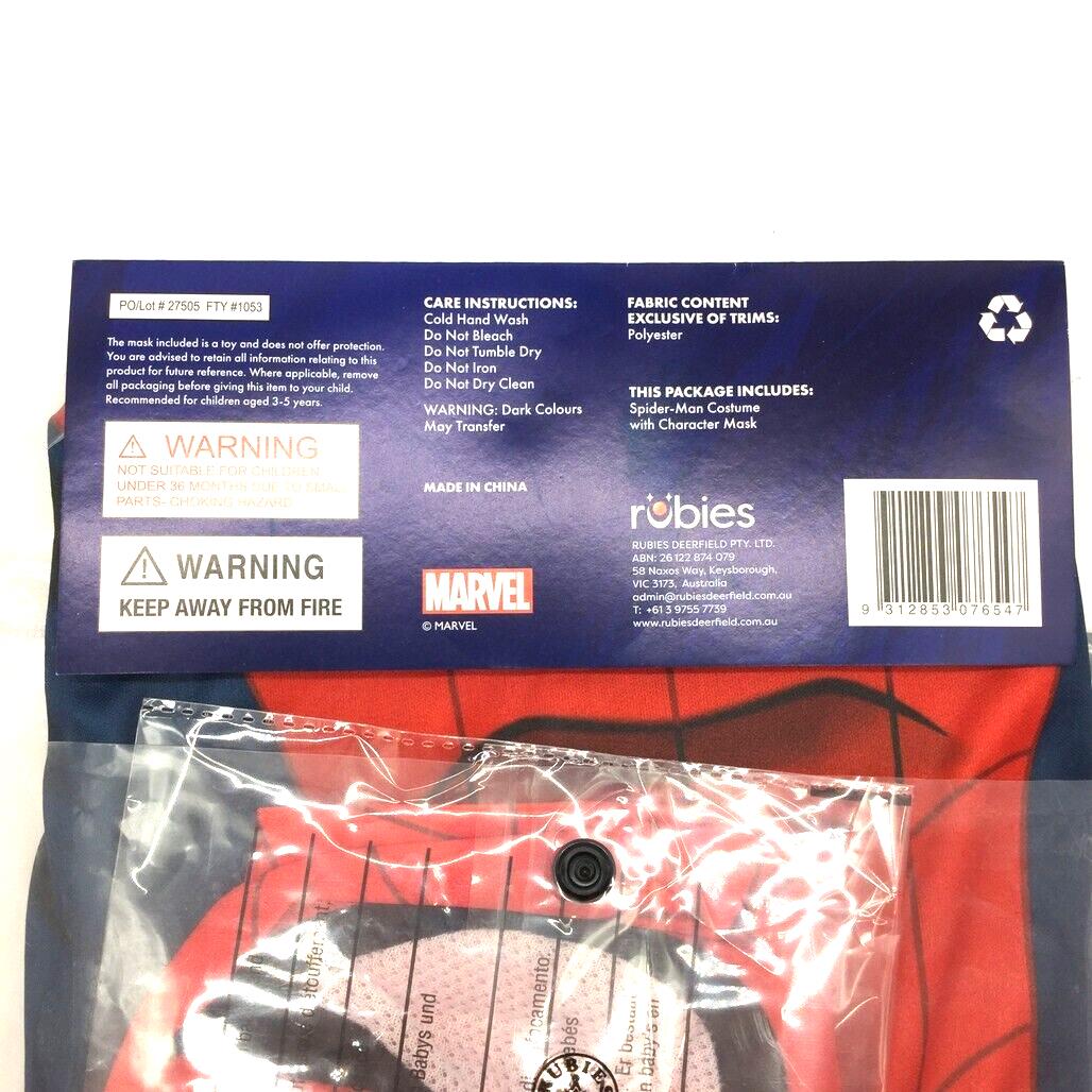 Rubies Spiderman Superhero Child Dress-Up Costume 3-5 Years 95-120cm Height NEW