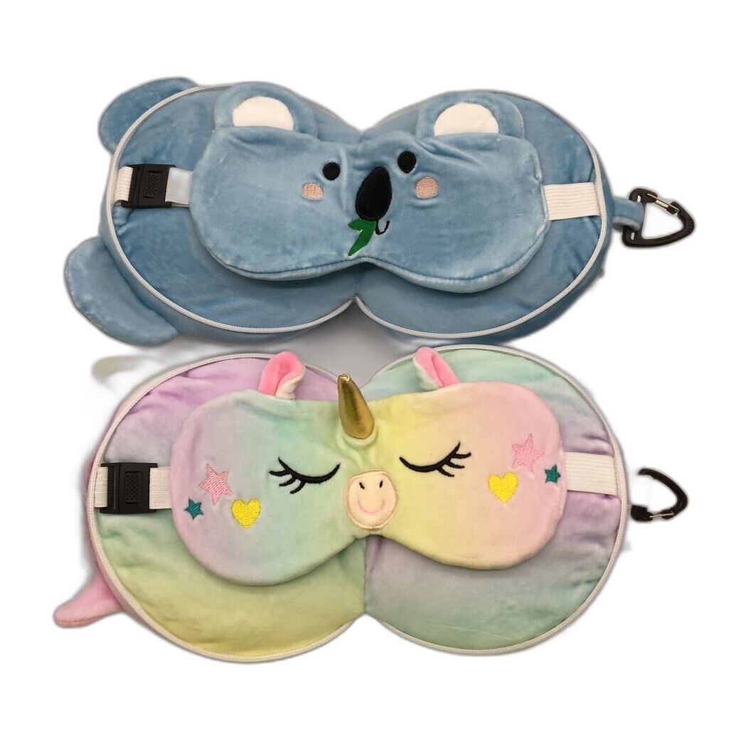 Kids Plush Sleeping Eye Mask Pillow Set of 2 Blue Koala and Unicorn NEW