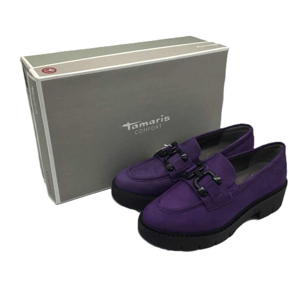 Tamaris Comfort Suede Leather Wedge Heel Loafer Purple Ladies Size US 8 NEW