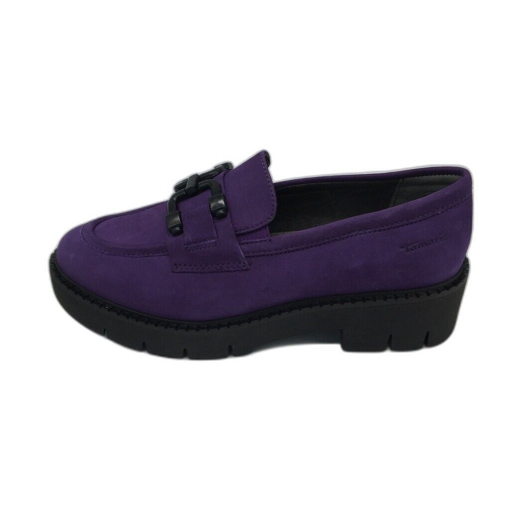 Tamaris Comfort Suede Leather Wedge Heel Loafer Purple Ladies Size US 8 NEW