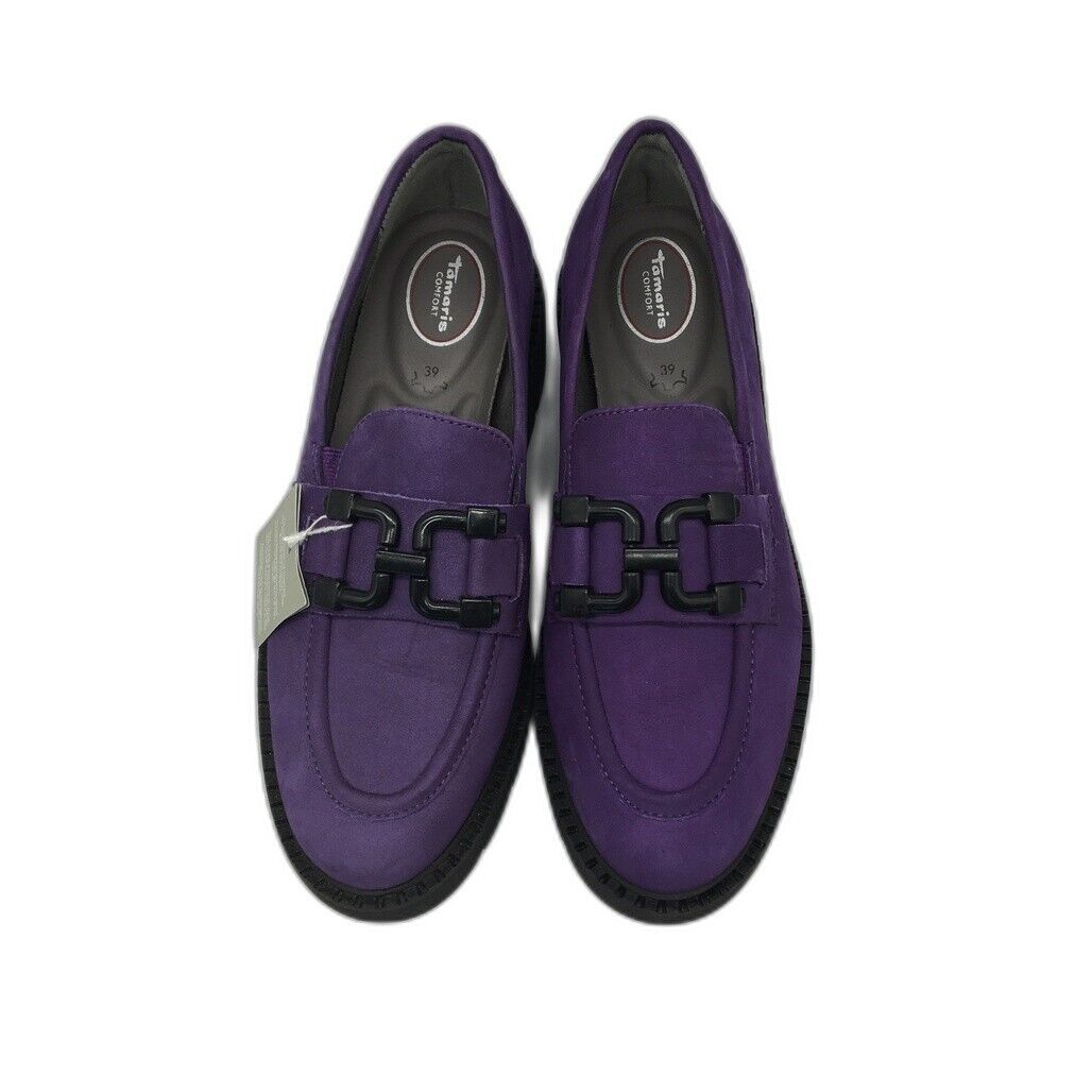 Tamaris Comfort Suede Leather Wedge Heel Loafer Purple Ladies Size US 8 NEW