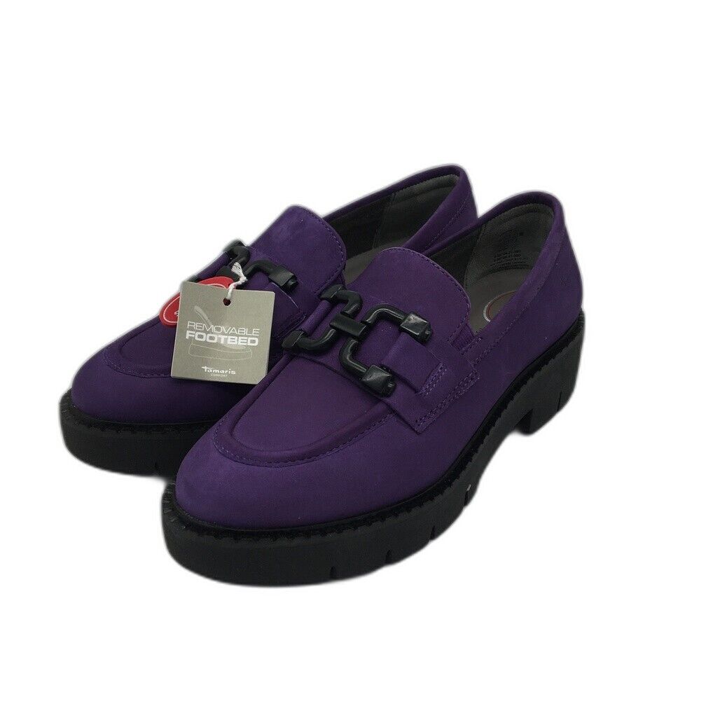 Tamaris Comfort Suede Leather Wedge Heel Loafer Purple Ladies Size US 7 NEW