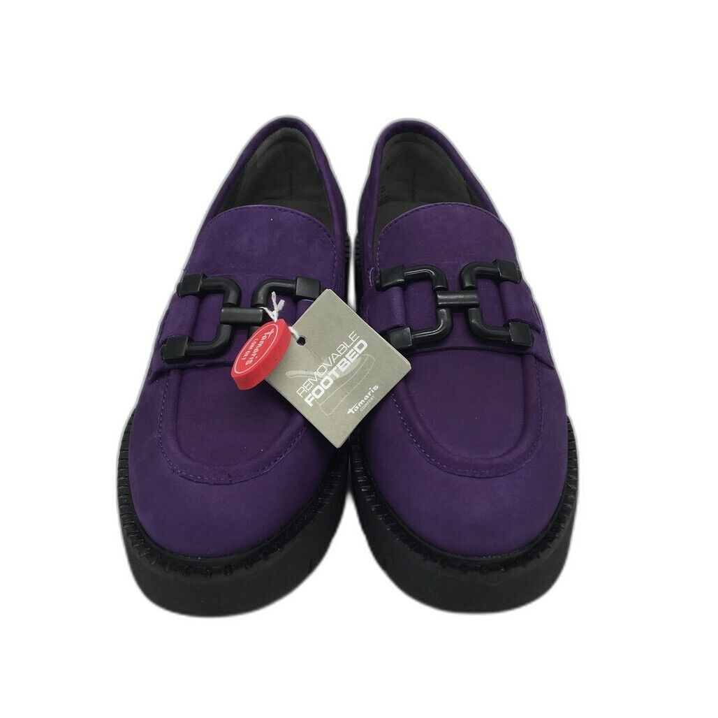 Tamaris Comfort Suede Leather Wedge Heel Loafer Purple Ladies Size US 7 NEW