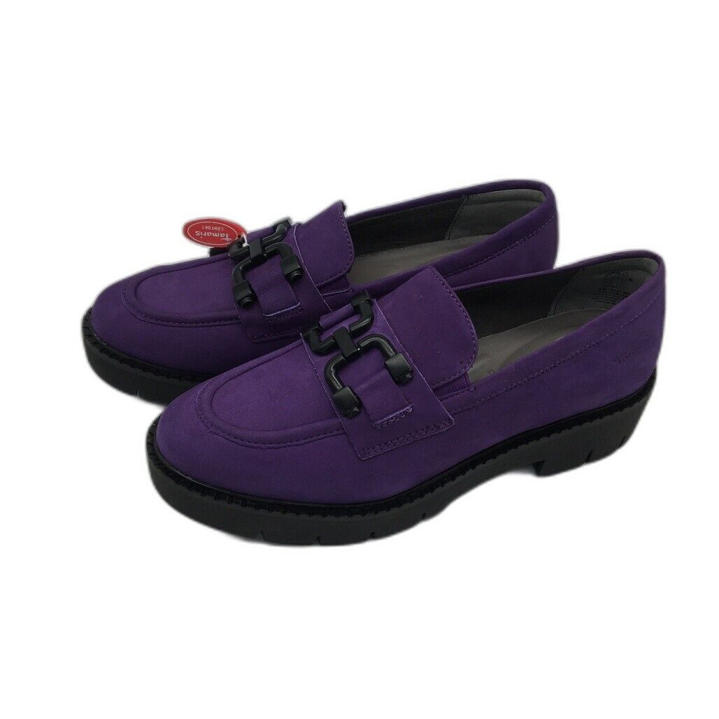 Tamaris Comfort Suede Leather Wedge Heel Loafer Purple Ladies Size US 8.5 NEW