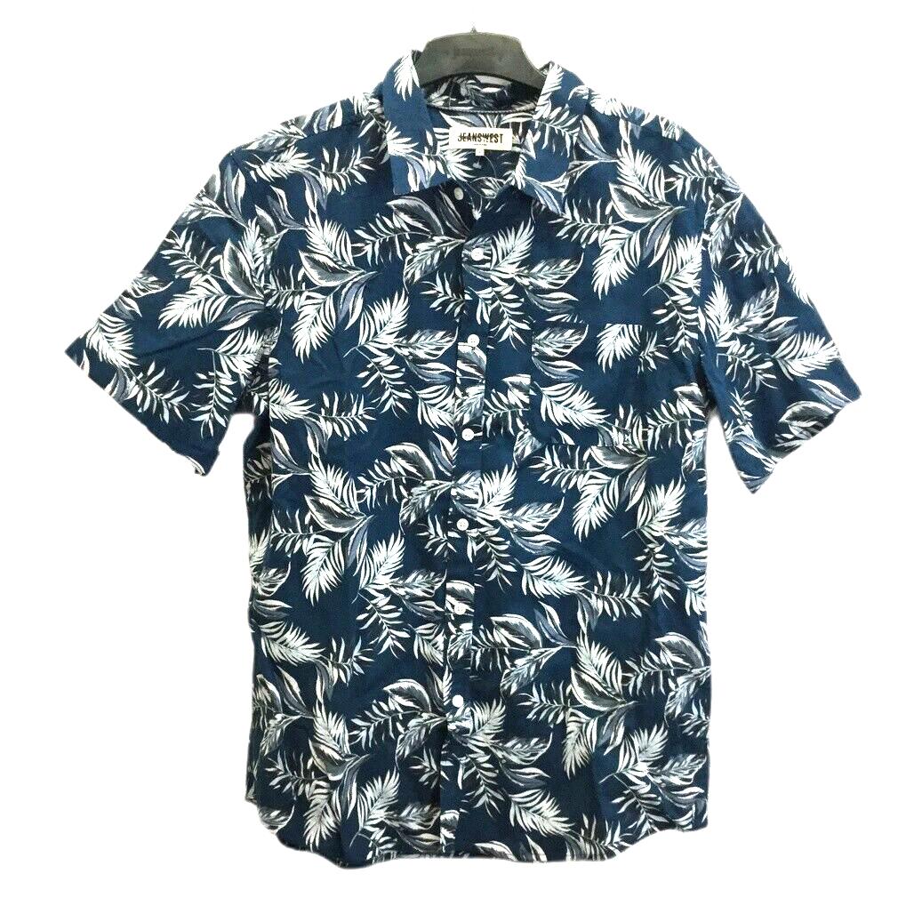 Jeanswest Blue Leafy Design Short Sleeve Button Up Collared Shirt Mens Sz L NEW