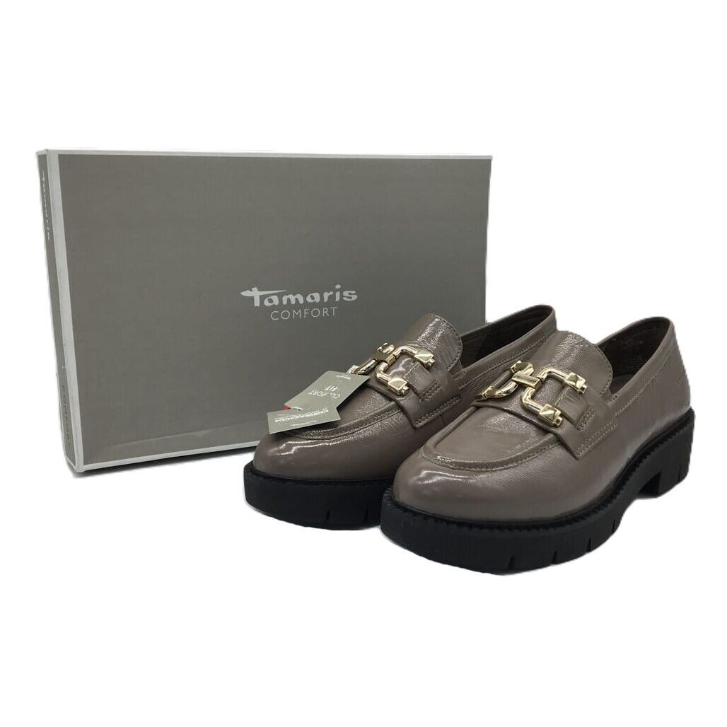 Tamaris Comfort Glossy Leather Wedge Heel Loafer Taupe Ladies Size US 10 NEW