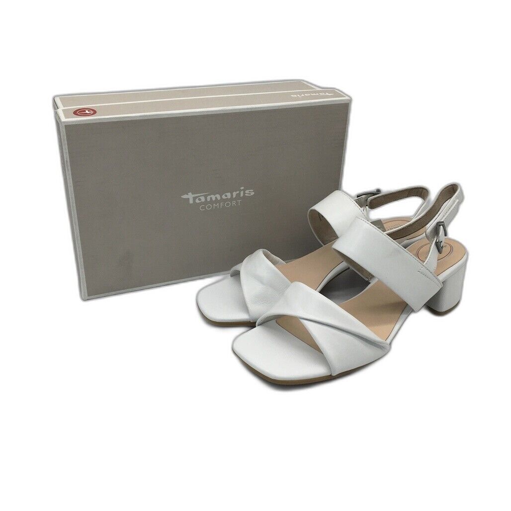 Tamaris Comfort Brushed Leather Heeled Sandals White Ladies Sz EU 41 US 9.5 NEW