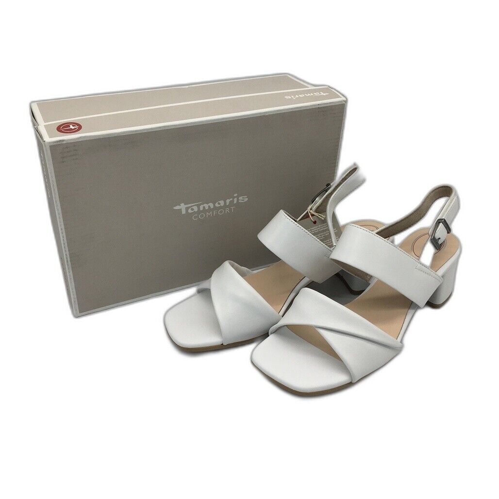 Tamaris Comfort Strappy Leather Heeled Sandals White Ladies Sz EU 40 US 8.5 NEW