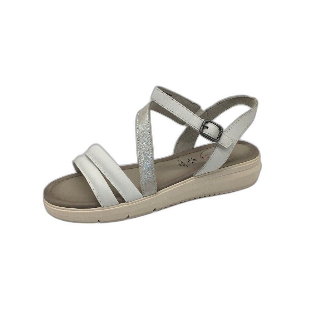 Tamaris Comfort Strappy Wedge Leather Sandals White/Silver Ladies Size US 10 NEW