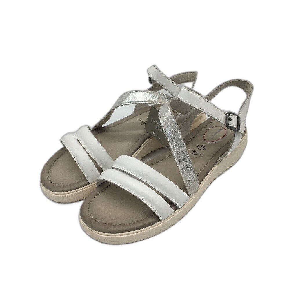 Tamaris Comfort Strappy Wedge Leather Sandals White/Silver Ladies Size US 10 NEW