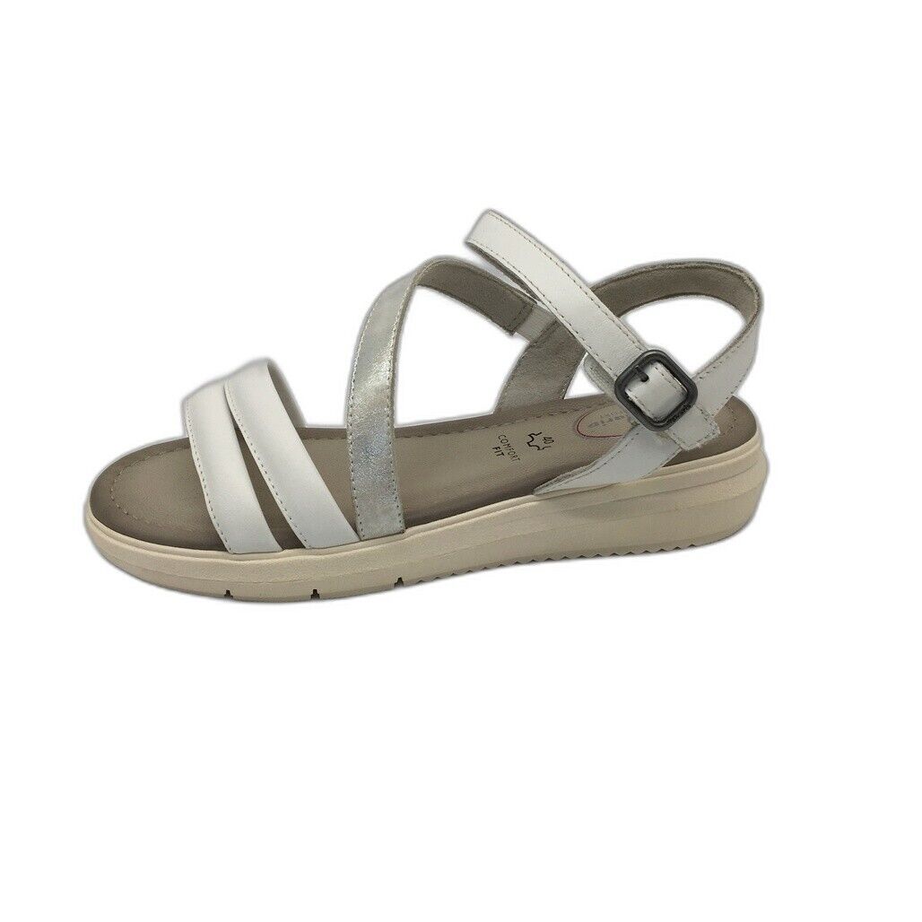 Tamaris Comfort Strappy Wedge Leather Sandals White/Silver Ladies Sz US 8.5 NEW