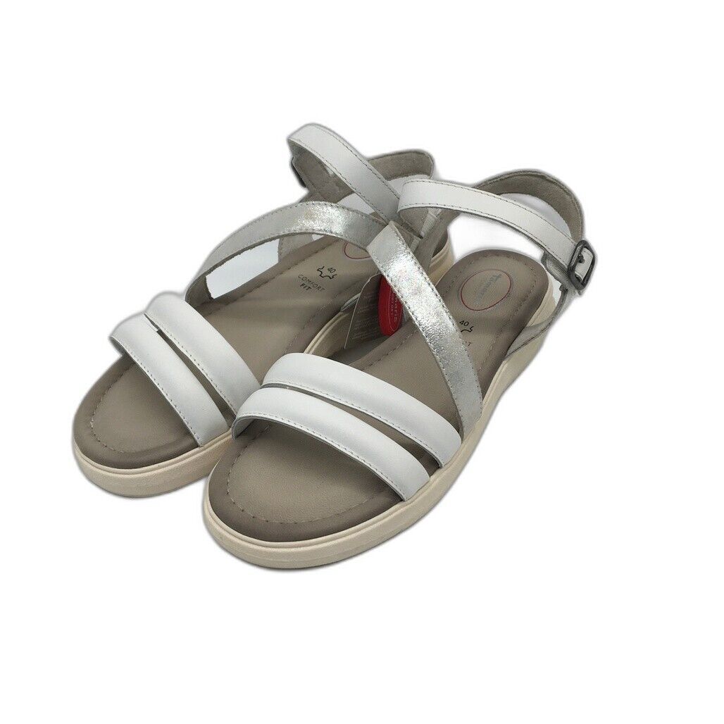 Tamaris Comfort Strappy Wedge Leather Sandals White/Silver Ladies Sz US 8.5 NEW