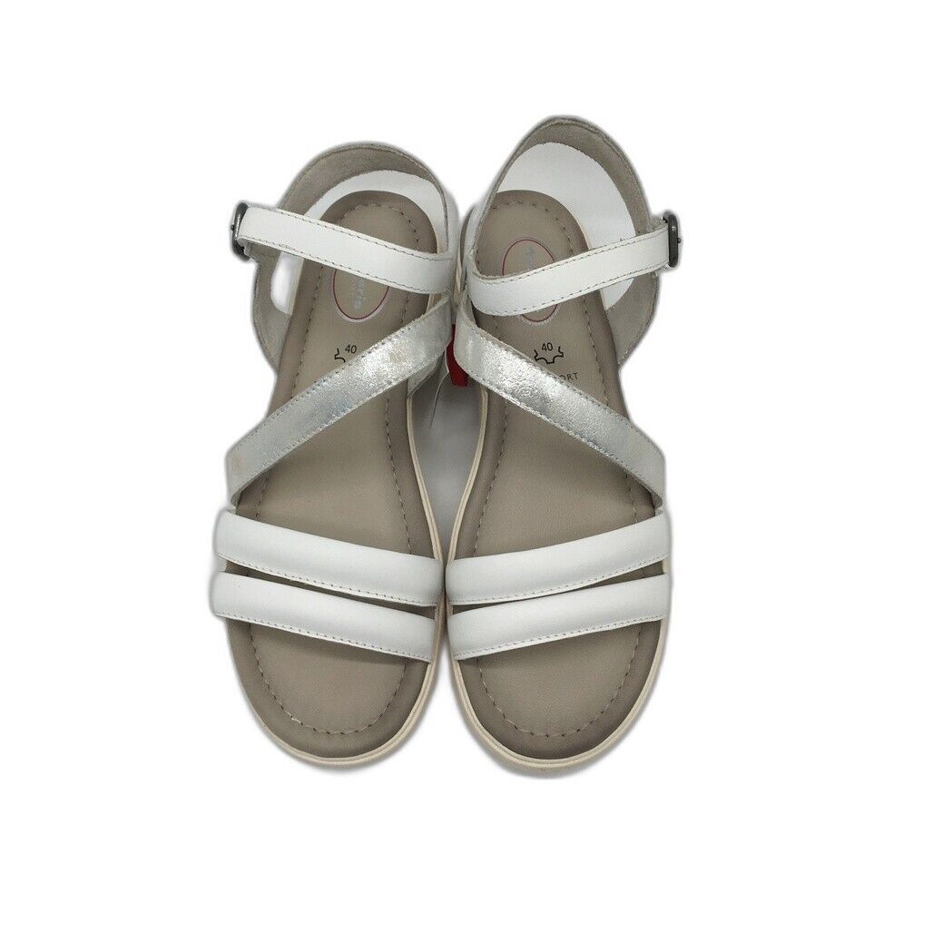 Tamaris Comfort Strappy Wedge Leather Sandals White/Silver Ladies Sz US 8.5 NEW