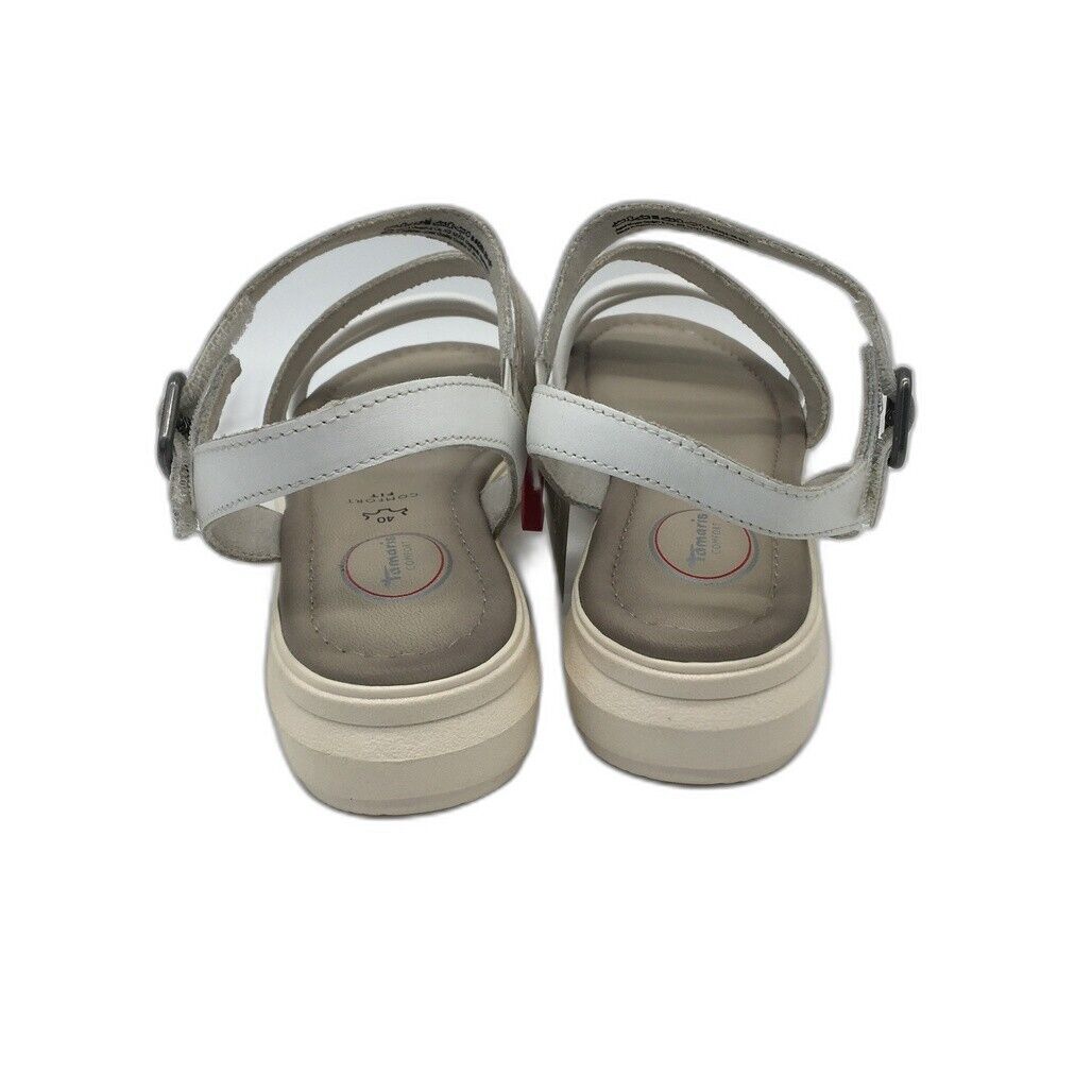 Tamaris Comfort Strappy Wedge Leather Sandals White/Silver Ladies Sz US 8.5 NEW