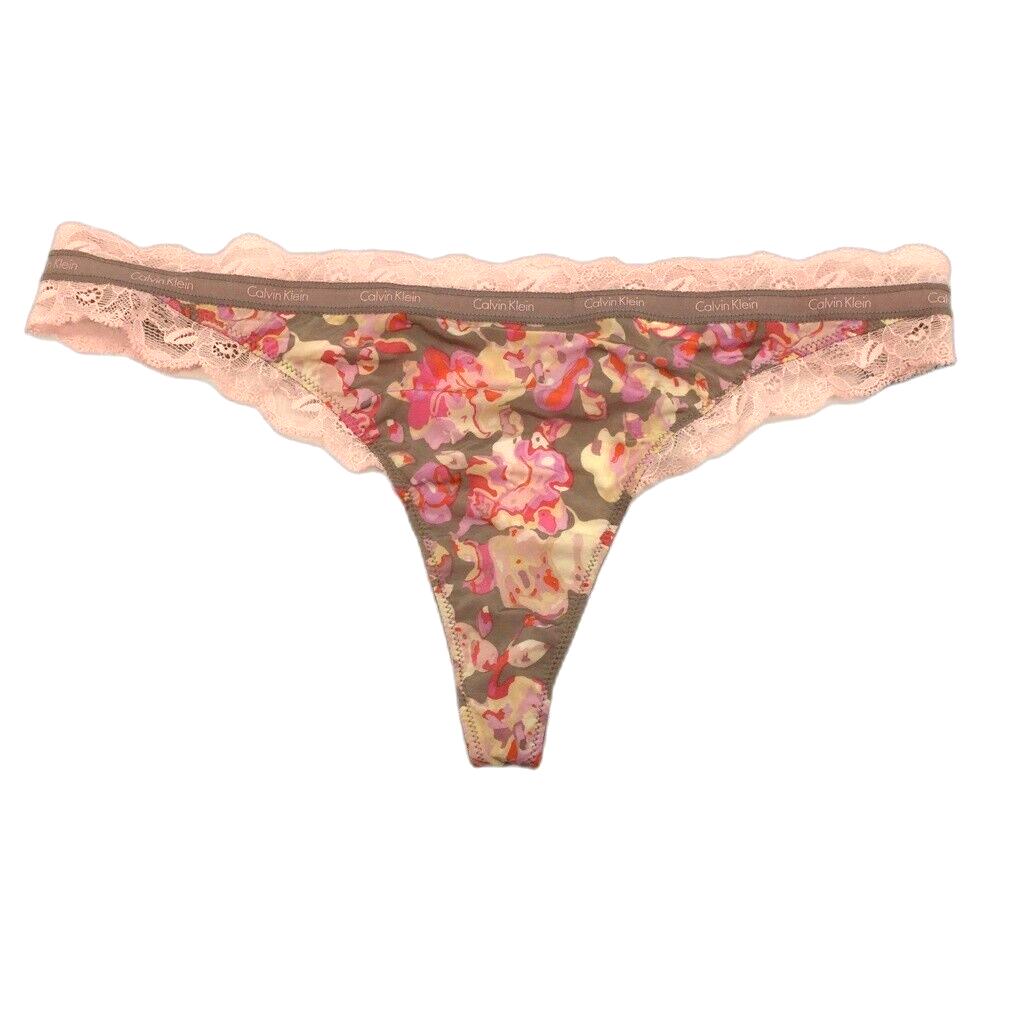 Calvin Klein Grey & Pink Lace Floral String Thong Underwear Ladies Sz Large NEW