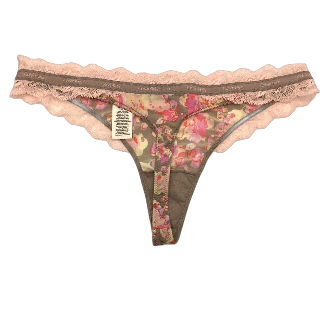 Calvin Klein Grey & Pink Lace Floral String Thong Underwear Ladies Sz Large NEW