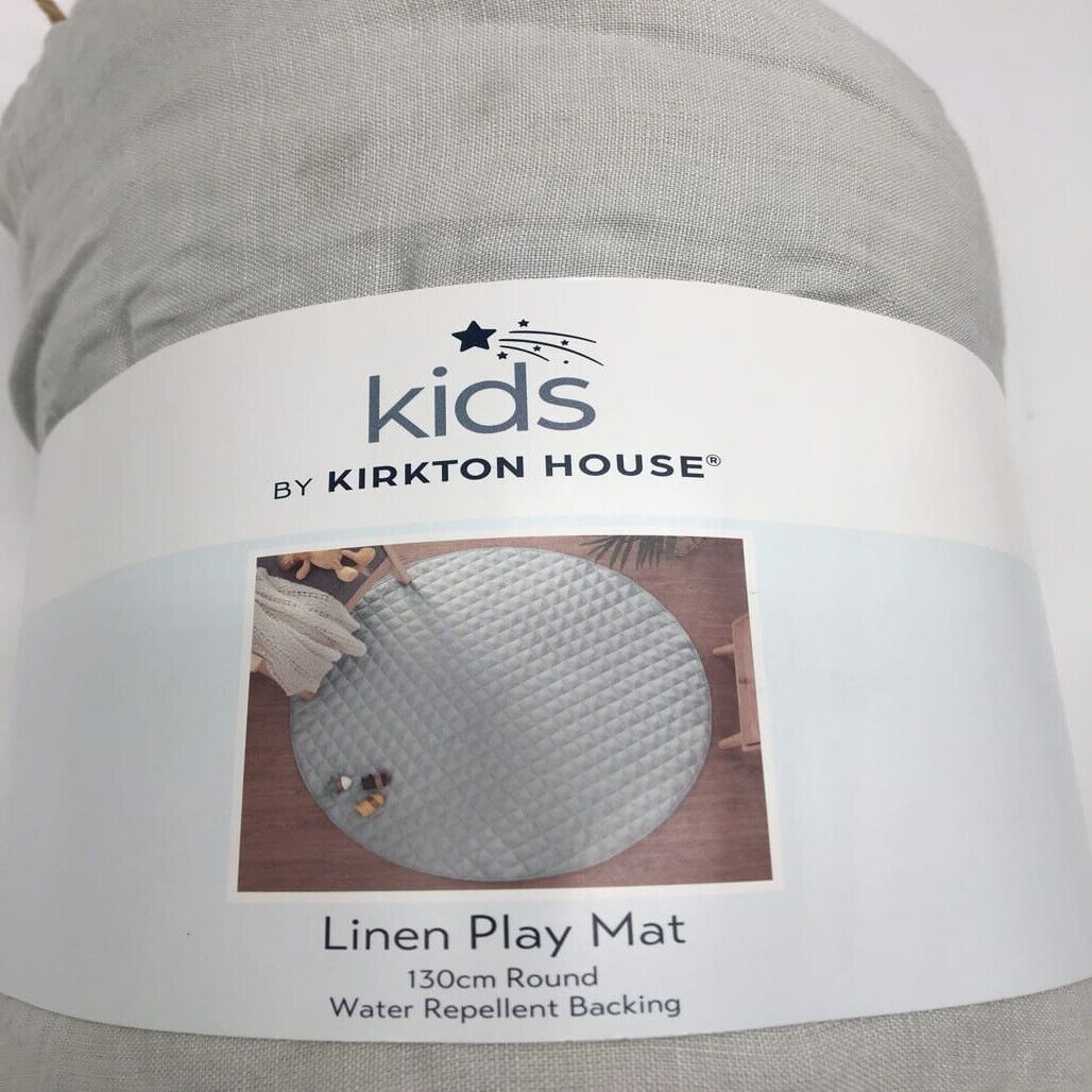 Kirkton House Kids Grey Round Linen Play Mat Water Repellent Backing 130cm NEW