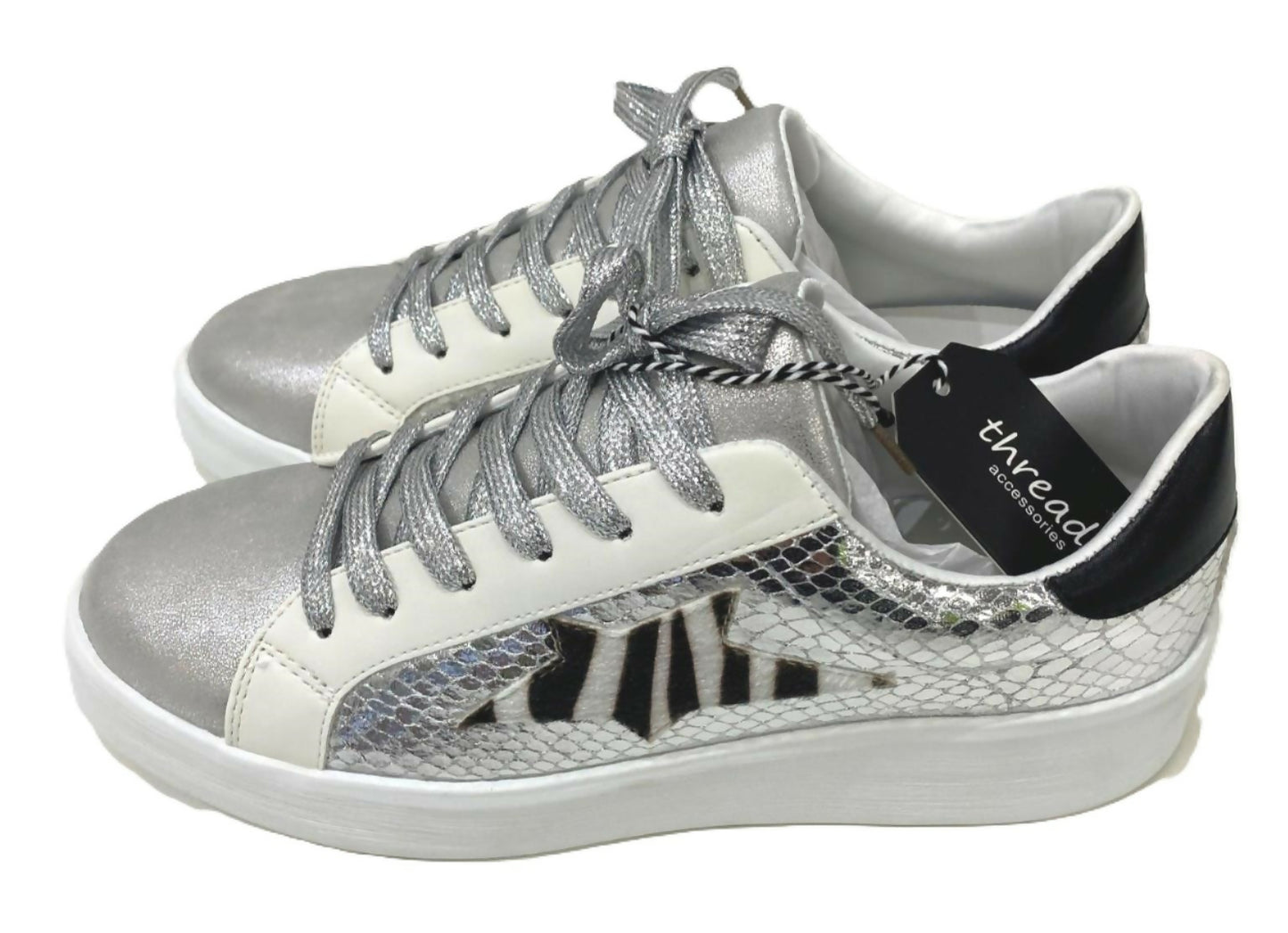 Threadz Silver Metallic Star White Sneakers Ladies Various Sizes NEW