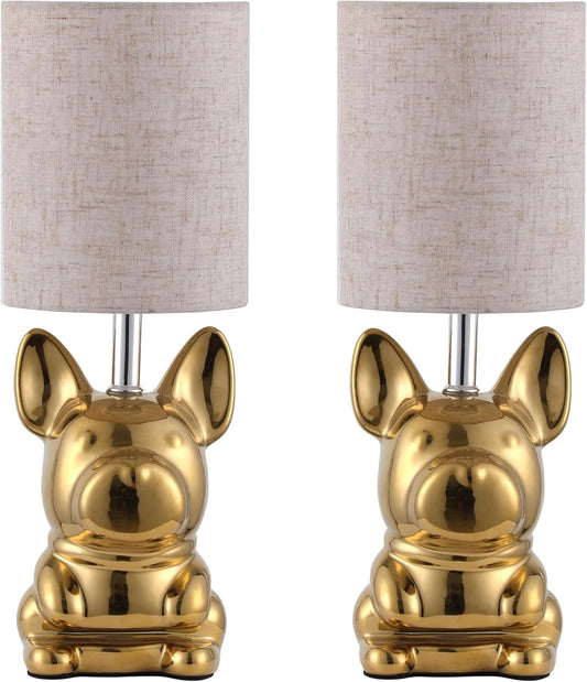 EOEYYOYB Set Of 2 Gold Ceramic Puppy Table Lamp Set with LED Bulb, Gold... NEW
