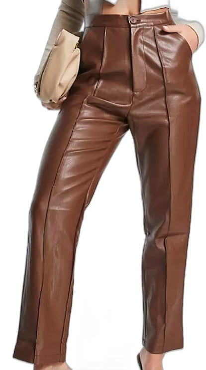 Sndys Lennox Leather Look High-Waisted Pants Chocolate Ladies Size M NEW