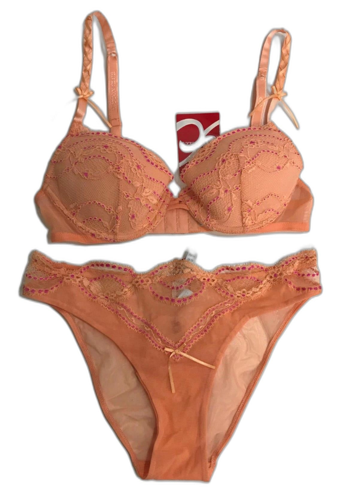 Cotton Club Italy Peach Lace Mesh Bra C Cup & Underwear Set Sz I2 NEW