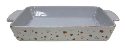 Christmas Themed White & Gold Stars Ceramic Rectangle Baking Dish 42 X24.5Cm NEW