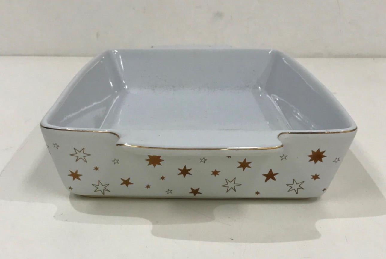 Christmas Themed White & Gold Stars Ceramic Rectangle Baking Dish 42 X24.5Cm NEW