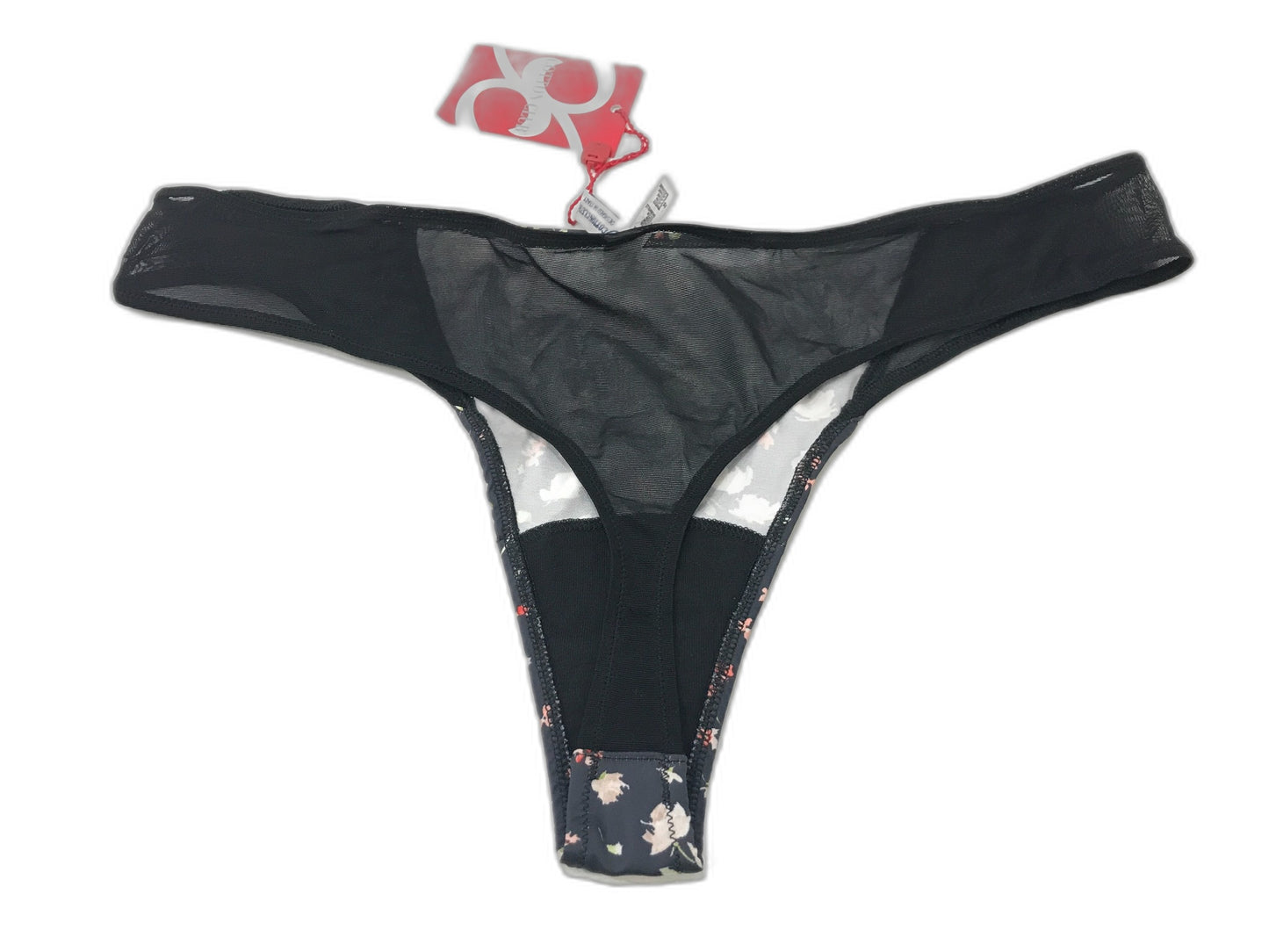 Cotton Club Sheer Mesh Ribbon Floral Thong Black Ladies Sz 16 NEW